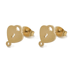 Ion Plating(IP) 304 Stainless Steel Stud Earring Findings, Heart Lock, Golden, 11.5x9mm, Hole: 1.2mm, Pin: 0.7x11mm(STAS-I206-14G)