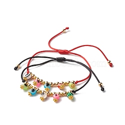 Evil Eye Resin Beads Cord Bracelets Set for Girl Women, Brass Beads Adjustable Bracelets, Golden, Mixed Color, Inner Diameter: 5/8~3-3/8 inch(1.7~8.7cm), 2pcs/set(BJEW-JB06764)