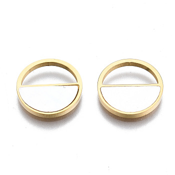 316 Surgical Stainless Steel Charms, with Shell, Flat Round, Real 14K Gold Plated, 12x1.5mm, Hole: 10x4.5mm