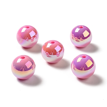 UV Plating Rainbow Iridescent Acrylic Beads, Round, Hot Pink, 15~15.5x15.5~16mm, Hole: 2.7mm