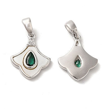 Brass Cubic Zirconia Pendants, with Shell, Ginkgo Leaf with Teardrop Pattern, Platinum, 15x12x2mm, Hole: 2x4.8mm
