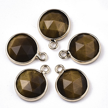 Natural Tiger Eye Charms, with Light Gold Plated Brass Edge and Loop, Half Round/Dome, Faceted, 14x11x5mm, Hole: 1.5mm