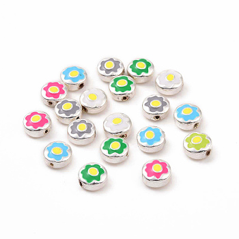 Alloy Enamel Beads, Silver, Flat Round with Flower, Mixed Color, 8x4mm, Hole: 1~1.2mm
