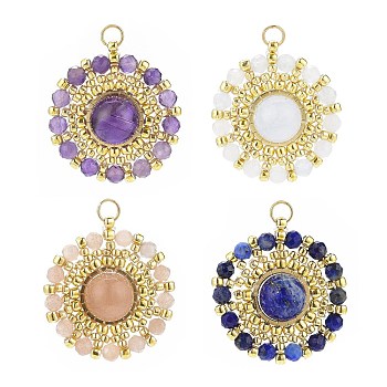 4Pcs 4 Styles Handmade Japanese Seed Beads Pendants, Braided Natural Mixed Gemstone Flower Charm, Faceted, 24.5x22~23x8mm, Inner Diameter: 3mm, 1pc/style