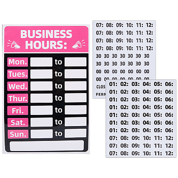 PVC Business Hours Sign Stickers, Rewritable Closed Open Sign Hours Stickers, for Retail Shop, Boutique, Hot Pink, 305~480x190~205x0.3~0.4mm