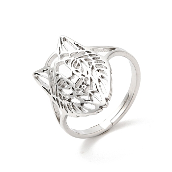 304 Stainless Steel Finger Rings, Hollow Wolf Head Adjustable Ring for Women, Stainless Steel Color, Inner Diameter: 16.5mm
