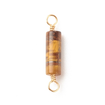 Natural Tiger Eye Connector Charms, with Light Gold Tone Eco-Friendly Brass Wire Double Loops, Column, 23~24x4mm, Hole: 2~2.5mm