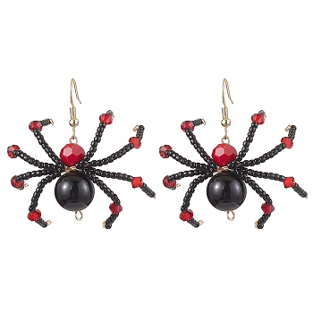 Glass Dangle Earrings, with Natural Obsidian Beads and 304 Stainless Steel Earring Hooks, Spider, For Halloween, Golden, 42.5x43mm