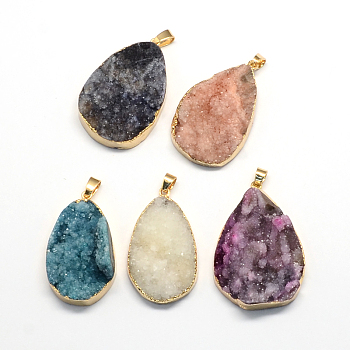 Plated Natural Drusy Agate Teardrop Pendants, with Golden Tone Brass Findings, 42~56x24~33x6~19mm, Hole: 6x5mm