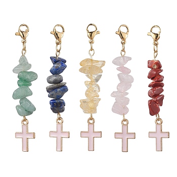 5Pcs 5 Style Natural Mixed Gemstone Chips & Alloy Enamel Cross Pendant Decorations, 59~61mm, 1Pc/style