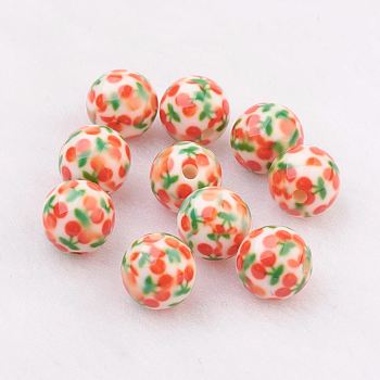 Spray Painted Resin Beads, with Cherry Pattern, Round, Orange, 10mm, Hole: 2mm