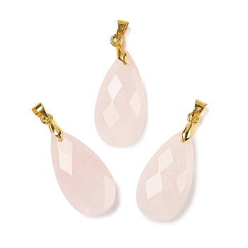 Natural Rose Quartz Pendants, with Brass Findings, Faceted, Teardrop Charms, 25x13x7mm, Hole: 5x4mm