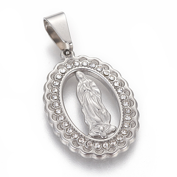 304 Stainless Steel Rhinestone Pendants, Lady of Guadalupe Charms, Oval with Virgin Mary, Stainless Steel Color, 25x17.5x2.5mm, Hole: 4x6mm