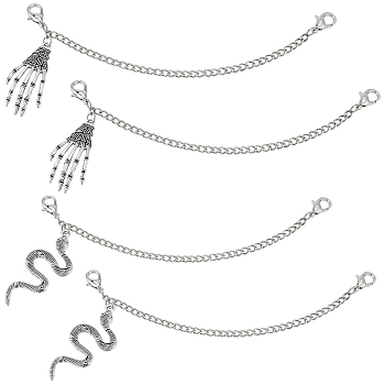 4Pcs 2 Styles Iron Twisted Chains Curb Chains, with Alloy Pendants, Skeleton Hand & Snake, Antique Silver & Platinum, 208~215mm, 2pcs/style