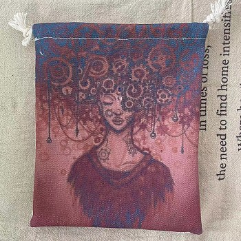 Tarot Card Storage Bag, Cloth Tarot Drawstring Bags, Rectangle with Woman Pattern, Indian Red, 18x13cm