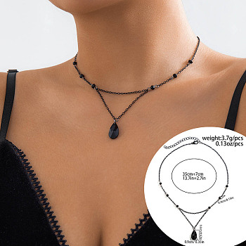 Gothic Brass & Glass Pendant Link Chain Necklaces for Women, Black, 13.78 inch(35cm), Pendant: 16x9mm