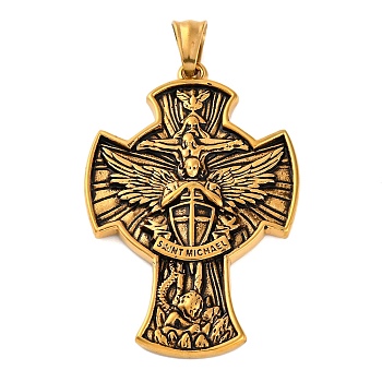 304 Stainless Steel Big Pendants, Cross with Sword of Saint Michael the Archangel Charm, Antique Golden, 55x36x5mm, Hole: 9x5mm