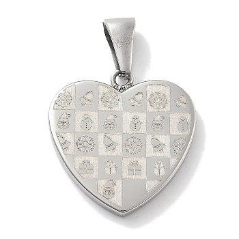 Christmas Themed 304 Stainless Steel Pendants, Heart with Snowman & Box & Bell Charms, Stainless Steel Color, 26x25x3mm, Hole: 9x3.5mm