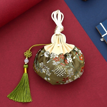Flower Silks & Satins Drawstring Bags, Sachet Tassel Pouches for Jewelry Storage, Olive Drab, 100x85mm