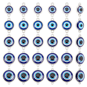 ARRICRAFT 30Pcs 5 Style Plastic Connector Charms, with Alloy Findings, Flat Round with Dark Blue Evil Eye, Antique Silver, 19.5~29x12.5~22.5x4~5mm, Hole: 1.8~2mm, 6pcs/style