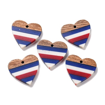 Independence Day Opaque Striped Resin & Walnut Wood Pendants, Geometric Charms, Heart, 24.2x25x3.5mm, Hole: 2mm