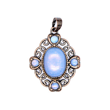 Retro Hollow Synthetic Opalite Pendants, Flower Rhombus Pendants, with Red Copper Metal Finding, 33x27x7mm