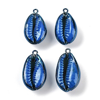 Spray Painted Natural Cowrie Shell Pendants, Shell Shape Charms, Royal Blue, 22.5~24x12~14.5x9~11mm, Hole: 1.8mm