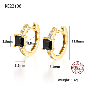 Real 18K Gold Plated 925 Sterling Silver Hoop Earrings, Square Cubic Zirconia Earrings, with S925 Stamp, Black, 11.8x13.5mm