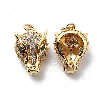Brass Cubic Zirconia Pendants, with Jump Ring, Wolf Head Charm, Real 18K Gold Plated, 17x12.5x8mm, Hole: 3mm