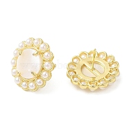 Natural Shell Flower Stud Earrings with Plastic Pearl Beaded, Real 14K Gold Plated Brass Jewelry, Seashell Color, 17.5mm(EJEW-E599-04G-02)