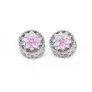 Rack Plating Alloy European Beads, with Crystal Rhinestone & Pearl Pink Enamel, Large Hole Beads, Cadmium Free & Nickel Free & Lead Free, Flat Round with Flower, Platinum, 10.5x10mm, Hole: 5mm(MPDL-N039-186P)