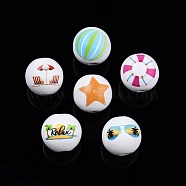 Beach Theme Printed Wooden Beads, Round, Mixed Color, Beach Theme Pattern, 15.5~16x15mm, Hole: 3.5mm(WOOD-D006-06)