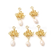 Natural Pearl Spring Ring Clasp Charms, with Brass Flower Pendants, Real 14K Gold Plated, 44.5mm, Pendant: 31.5x20mm(KK-I697-01G)