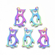 Ion Plating(IP) 201 Stainless Steel Pendants, Etched Metal Embellishments, Penguin, Rainbow Color, 25x15x0.3mm, Hole: 1.8mm(X-STAS-R114-031)