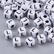 White Opaque Acrylic Beads, Horizontal Hole, Cube with Black Alphabet, Letter.L, 4~5x4~5x4~5mm, Hole: 1.8mm, about 6470~6500pcs/500g(MACR-R869-02L)
