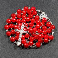 Plastic Imitation Pearl Rosary Bead Necklace for Easter, Alloy Crucifix Cross Pendant Necklace with Iron Chains, Red, 27.56 inch(70cm)(PW23031885306)