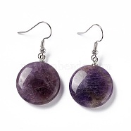 Natural Amethyst Flat Round Dangle Earrings, Platinum Brass Jewelry for Women, 42mm, Pin: 0.7mm(EJEW-D188-03P-06)