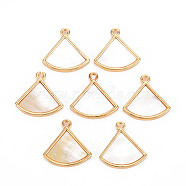 Natural Shell Pendants, with Brass Findings, Long-Lasting Plated, Cadmium Free & Lead Free, Fan, Light Gold, 15.5x15.5x2mm, Hole: 1.2mm(KK-T060-78-RS)