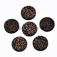 Painted Natural Wood Beads, Laser Engraved Pattern, Flat Round with Leopard Print, Black, 20x5mm, Hole: 1.5mm(WOOD-T021-49B-01)