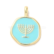 Hannukah Brass Enamel Pendants, Real 14K Gold Plated, Flat Round with Menorah Charm, Pale Turquoise, 18.5x14x2mm, Hole: 3.5x2mm(KK-M278-07B-G)