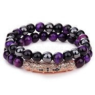 2Pcs 2 Style Natural Tiger Eye & Gemstone Stretch Bracelets Set, Cubic Zirconia Tube Beaded Essential Oil Gemstone Bracelet for Women, Purple, Inner Diameter: 2-1/8 inch(5.5cm), 1Pc/style(BJEW-SW00091)