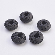 Natural Lava Rock European Beads, Dyed, Large Hole Beads, Flat Round, Black, 15~16x8.5~9mm, Hole: 4~5mm(G-E477-A09)