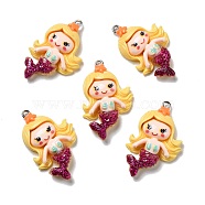 Opaque Resin Pendants, with Glitter Powder and Platinum Tone Iron Loops, Mermaid, Gold, 34x22x6mm, Hole: 2mm(RESI-D055-036P)