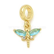 Rack Plating Brass Micro Pave Clear Cubic Zirconia European Dangle Pendants, Large Hole Pendants, Long-Lasting Plated, Lead Free & Cadmium Free, Dragonfly, Real 18K Gold Plated, 12.5x13x3.3mm, Hole: 4.5mm(KK-Z067-29G)