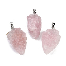 Raw Rough Natural Rose Quartz Pendants, Arrow Head Charms with Stainless Steel Snap on Bails, Stainless Steel Color, 31~39.5x19~25x8~14.5mm, Hole: 2.5x3.5mm(G-G162-01P-01)