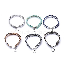Flat Round 304 Stainless Steel Charm Bracelets, with Round Natural Gemstone Beads, 8-3/8~8-5/8 inch(21.3~21.8cm)(BJEW-P264-M)