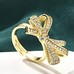 Rack Plating Brass Micro Pave Clear Cubic Zirconia Cuff Finger Rings for Women, Long-Lasting Plated, Bowknot, Real 18K Gold Plated, 14.5x23.5mm(RJEW-M028-31G-03)