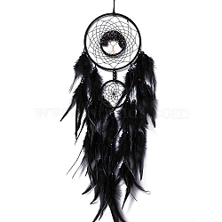 Iron & Glass Chips Pendant Hanging Decoration, Woven Net/Web with Feather Wall Hanging Wall Decor, Black, 730mm(PW-WG35869-04)
