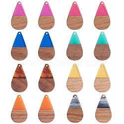 16Pcs 8 Styles Transparent Resin & Walnut Wood Pendants, Teardrop Charm, Mixed Color, 38x22x3mm, Hole: 2mm, 2pcs/style(RESI-SZ0001-82)