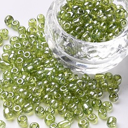 Glass Seed Beads, Trans. Colours Lustered, Round, Yellow Green, 4mm, Hole: 1.5mm, about 4500pcs/pound(SEED-A006-4mm-104)
